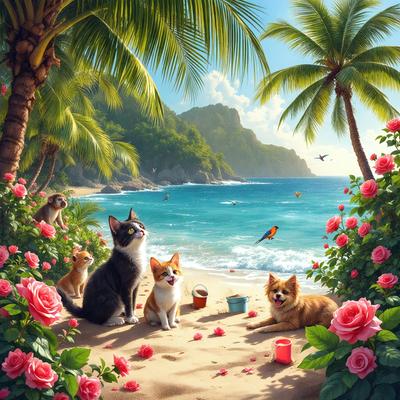 The primary subject of the image is a group of cats sitting on a sandy beach. The setting is a tropical beach with palm trees in the background. The visual style is a digital art or illustration, creating a lively and colorful atmosphere. The colors and mood are predominantly warm and vibrant, with the cats and their surroundings depicted in shades of pink, red, and green.